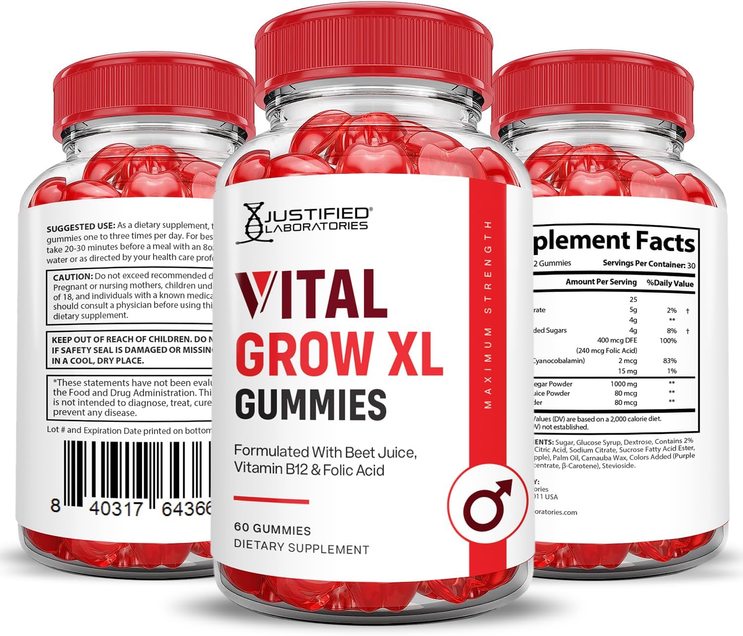 Justified Laboratories Vital Grow XL Gummies (1000 mg) - 60 Gomitas, Pack de 2 - con Vinagre de Manzana, Folato y Vitamina B12 - No GMO, Vegano, Sin Gluten - 60 Porciones