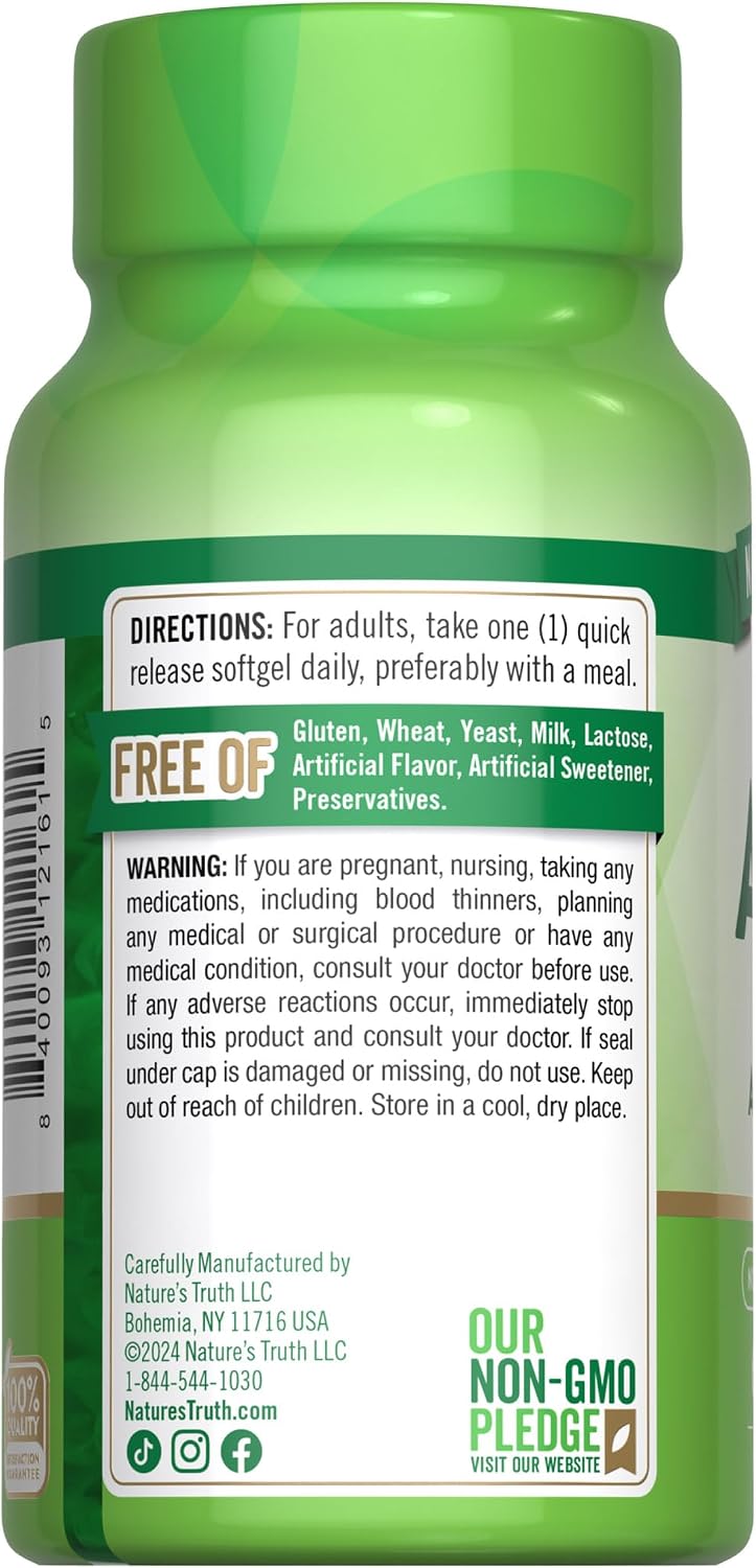 Nature's Truth Vitamin ADK, 60 Cápsulas Blandas - Alta Potencia de Vitamina A, D3, K1 y K2 - Suplemento No Transgénico y Sin Gluten