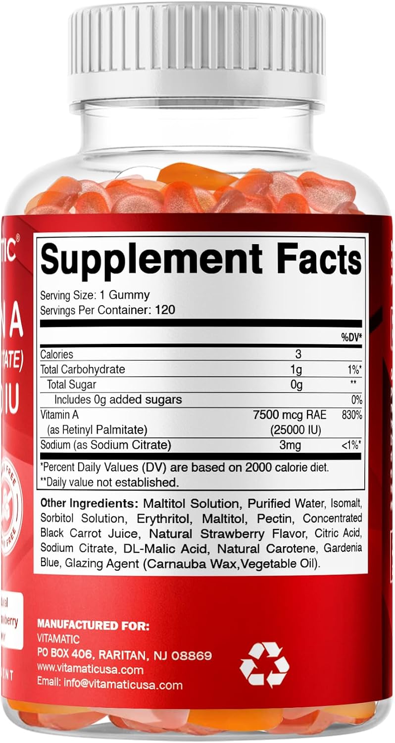 Vitamatic Vitamina A 25.000 UI Gomitas Sin Azúcar - Retinol Palmitato - 120 Unidades