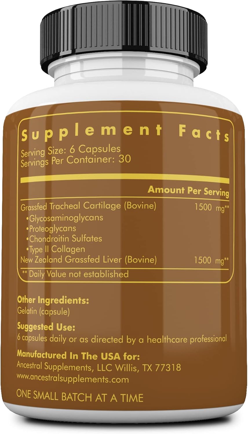 Ancestral Supplements Cartílago Traqueal de Res con Hígado, 3000mg, 180 Cápsulas
