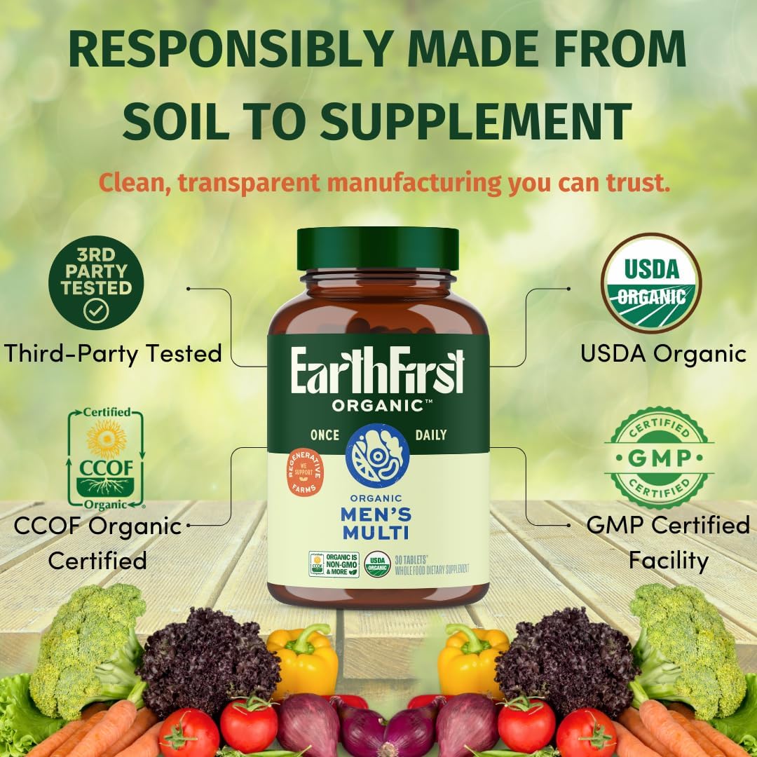 EarthFirst Organic Men’s Multi Once Daily - Multivitamínico Completo con 19 Vitaminas y Minerales, Vegano, No-GMO, 60 Comprimidos