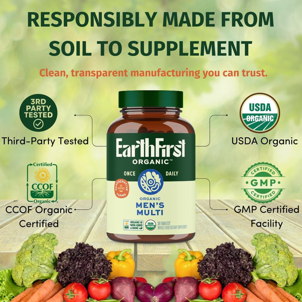 EarthFirst Organic Men's Multi Once Daily - Multivitamínico Orgánico para Hombres con 19 Vitaminas y Minerales - 30 Cápsulas
