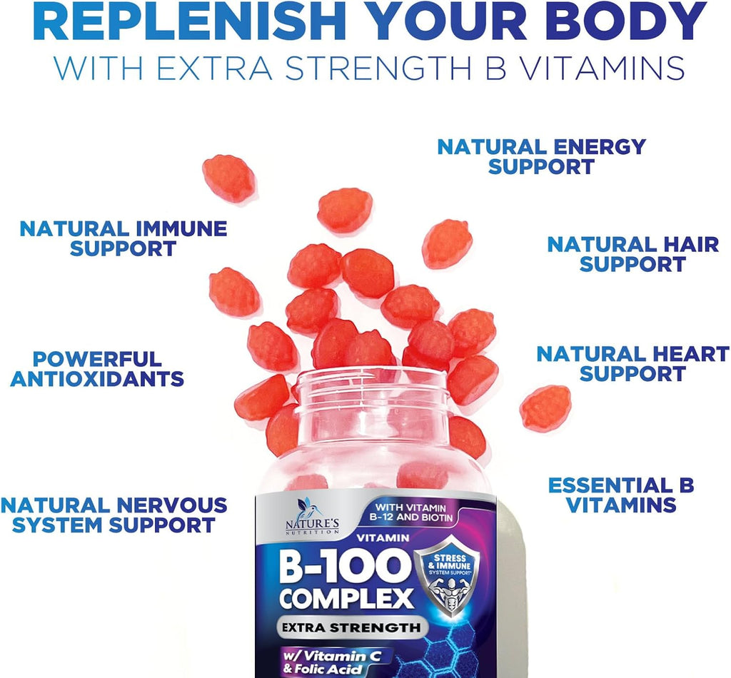 Vitamin B Complex Gummies – Extra Strength Super B Vitamin Gummy con Vitamina C, Apoyo Inmunológico para Hombres y Mujeres – Suplemento de Energía y Apoyo Cerebral con Ácido Fólico, Niacina, B6, B12 – 60 Gominolas