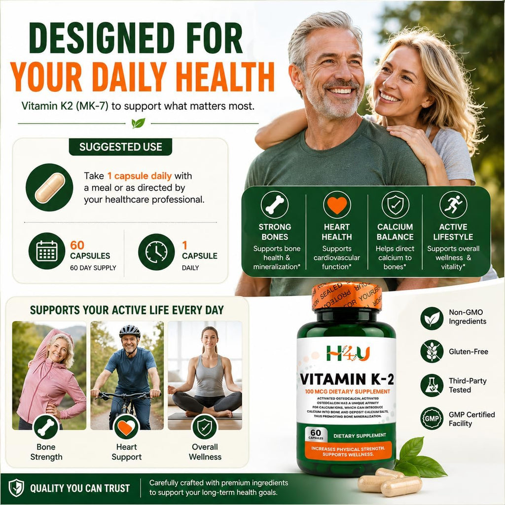 H4U Vitamina K2 MK-7 100 mcg – 60 Cápsulas Veganas | Apoya Huesos y Corazón