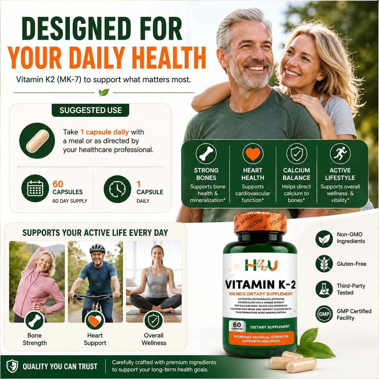 H4U Vitamina K2 MK-7 100 mcg – 60 Cápsulas Veganas | Apoya Huesos y Corazón