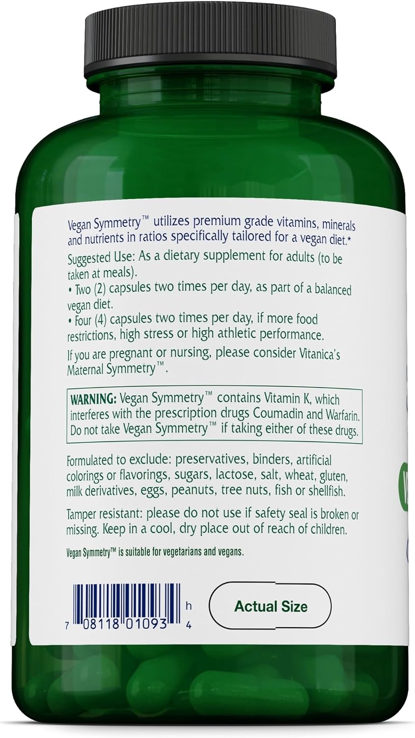 Vitanica Vegan Symmetry, Multivitamínico Vegano para Mujeres, Sin Hierro, Sin Gluten, 120 Cápsulas