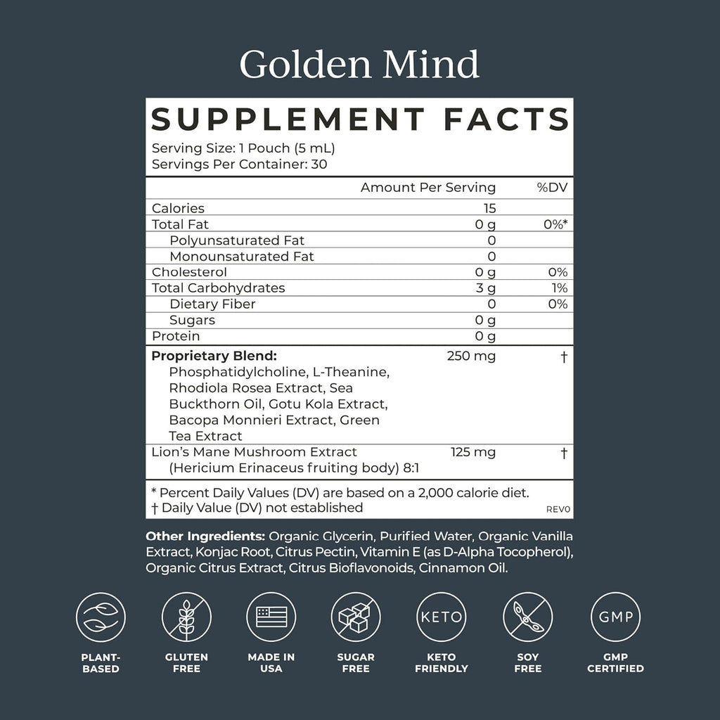CYMBIOTIKA Golden Mind Nootropic - Enfoque, Memoria, Alerta, Apoyo al Sistema Nervioso con Bacopa, Té Verde, Melena de León, L-Teanina, Rhodiola | 30 Sobres