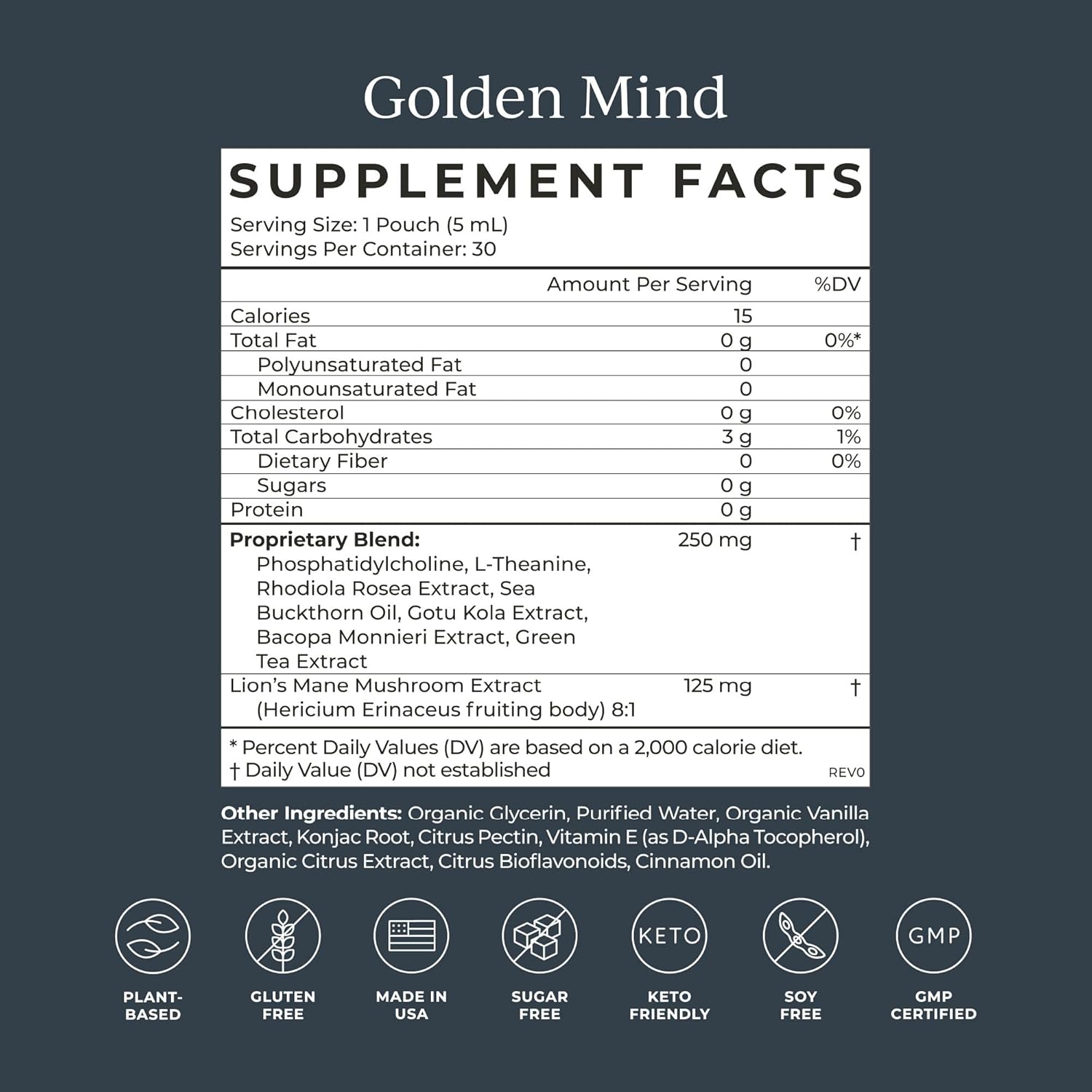 CYMBIOTIKA Golden Mind Nootropic - Enfoque, Memoria, Alerta, Apoyo al Sistema Nervioso con Bacopa, Té Verde, Melena de León, L-Teanina, Rhodiola | 30 Sobres