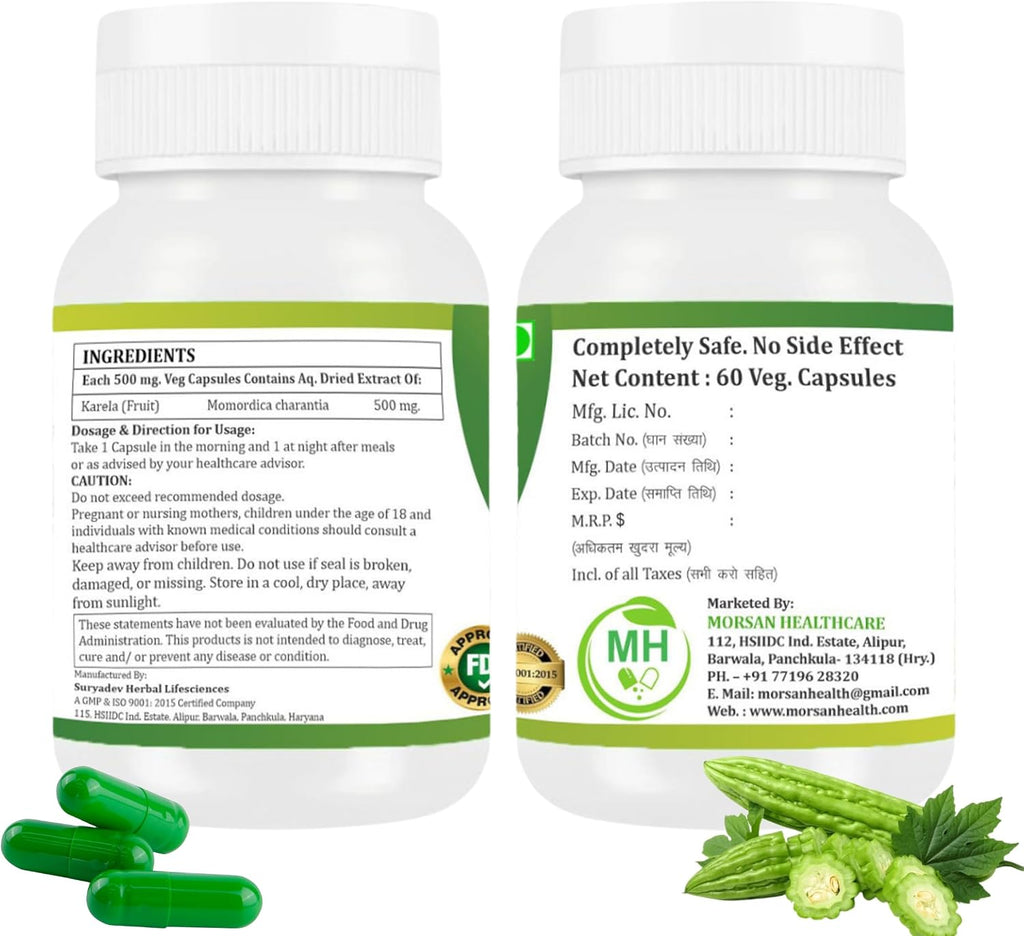 Morsan Healthcare Cápsulas de Karela - 500 mg | 60 Cápsulas Vegetales x 2 Envases