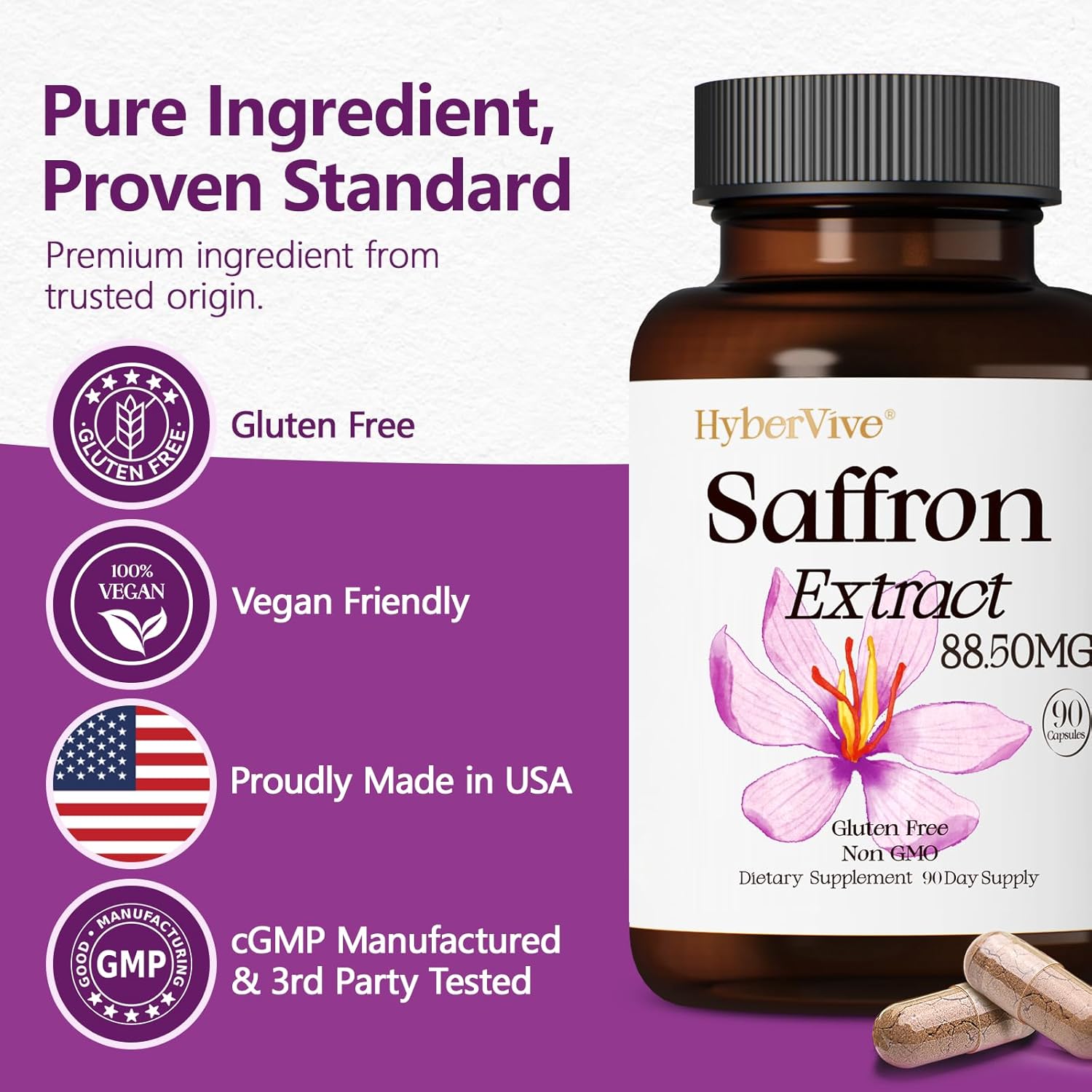 HyberVive Saffron Extract 88.5 mg - 90 Cápsulas Veganas