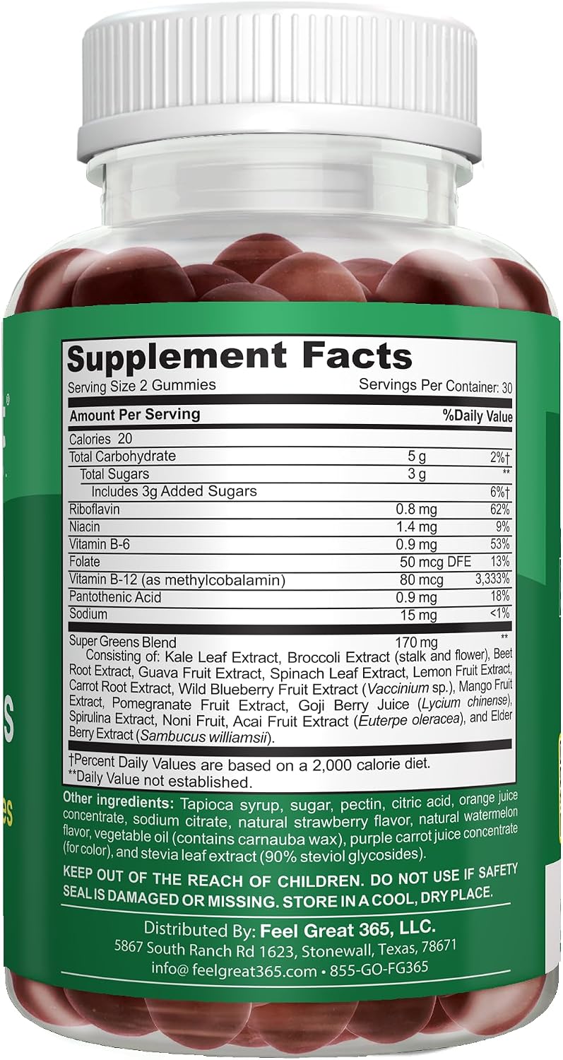 Feel Great Super Green Gummies Teen Vitamins | Gominolas Multivitamínicas Veganas para Adolescentes | Suplemento de Frutas y Verduras | 60 Unidades