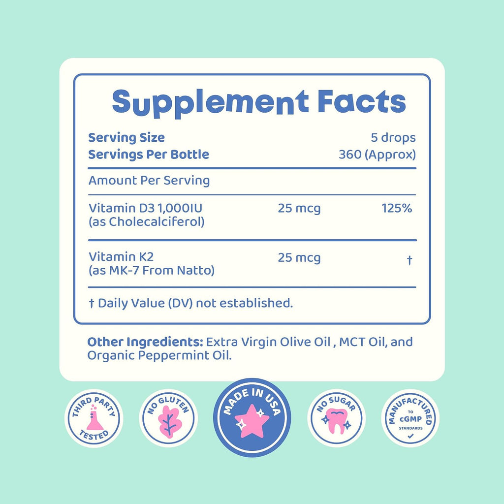 JoySpring Gotas de Vitamina D3 con K2 para Niños – Suplemento Líquido para la Absorción de Calcio – 360 Dosis (59 ml)