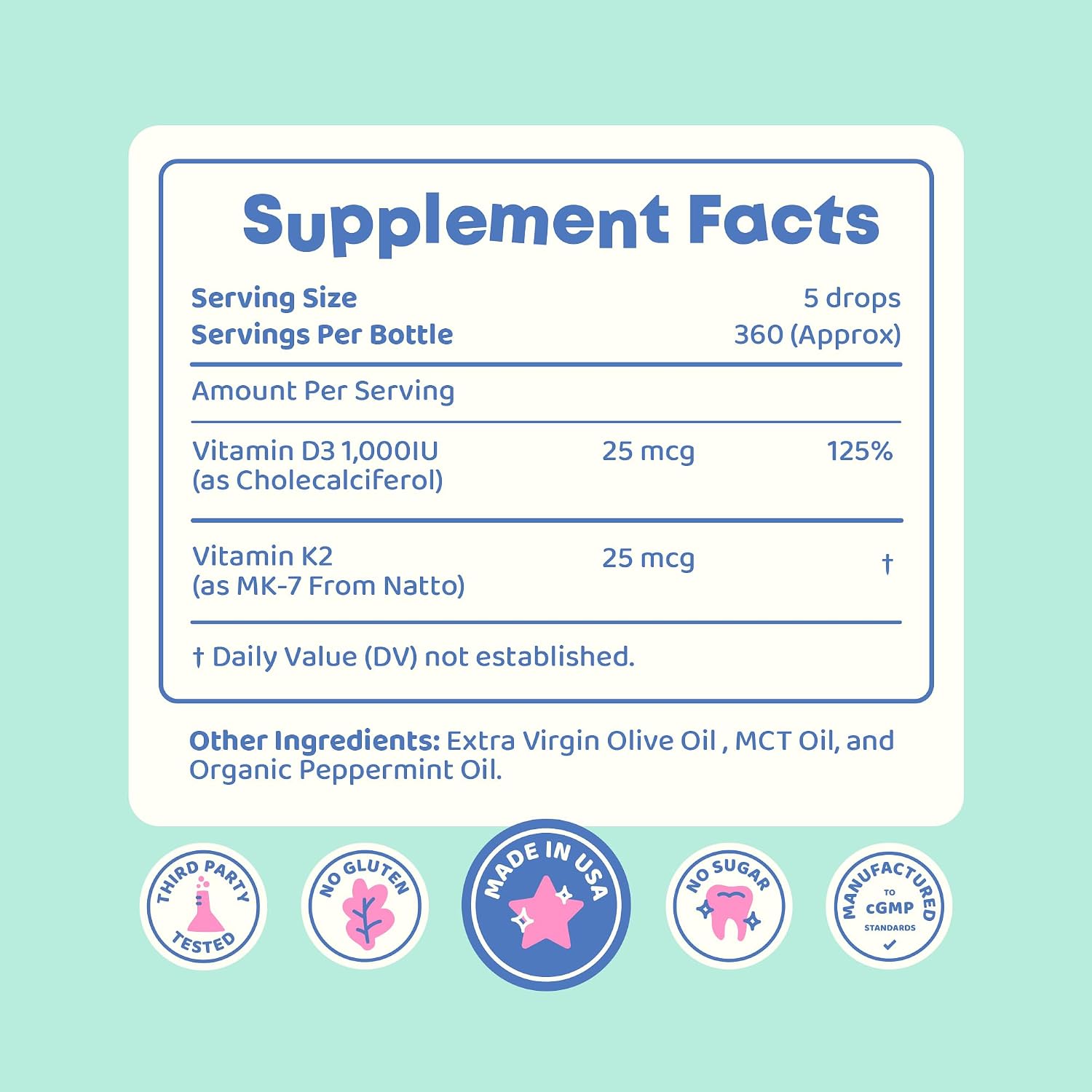 JoySpring Gotas de Vitamina D3 con K2 para Niños – Suplemento Líquido para la Absorción de Calcio – 360 Dosis (59 ml)