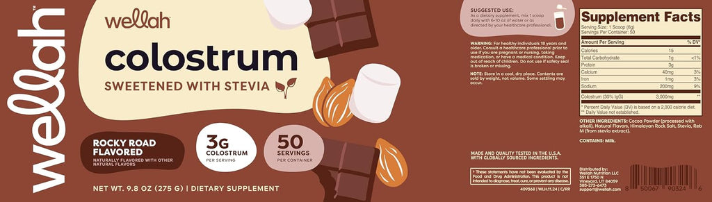 Wellah Colostrum Sabor Rocky Road (50 Dosis) - Endulzado con Stevia, 3g de Calostro por Dosis, Complemento Alimenticio