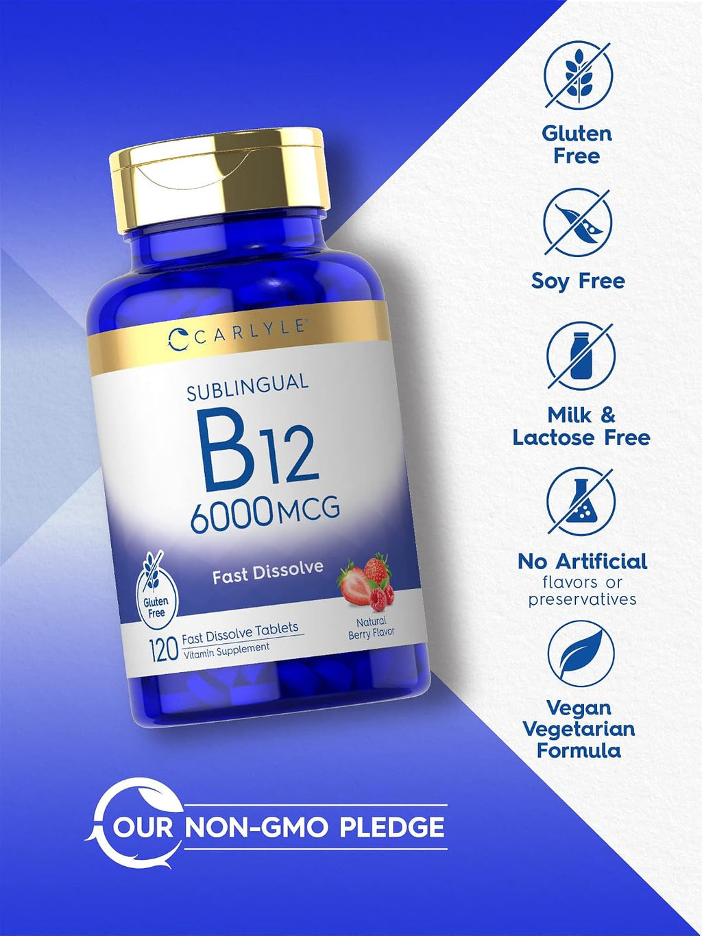 Carlyle Vitamina B-12 6000mcg | 120 Comprimidos de Disolución Rápida | Sabor Natural a Bayas | Cianocobalamina y Metilcobalamina | Vegetariano, No-GMO y Sin Gluten