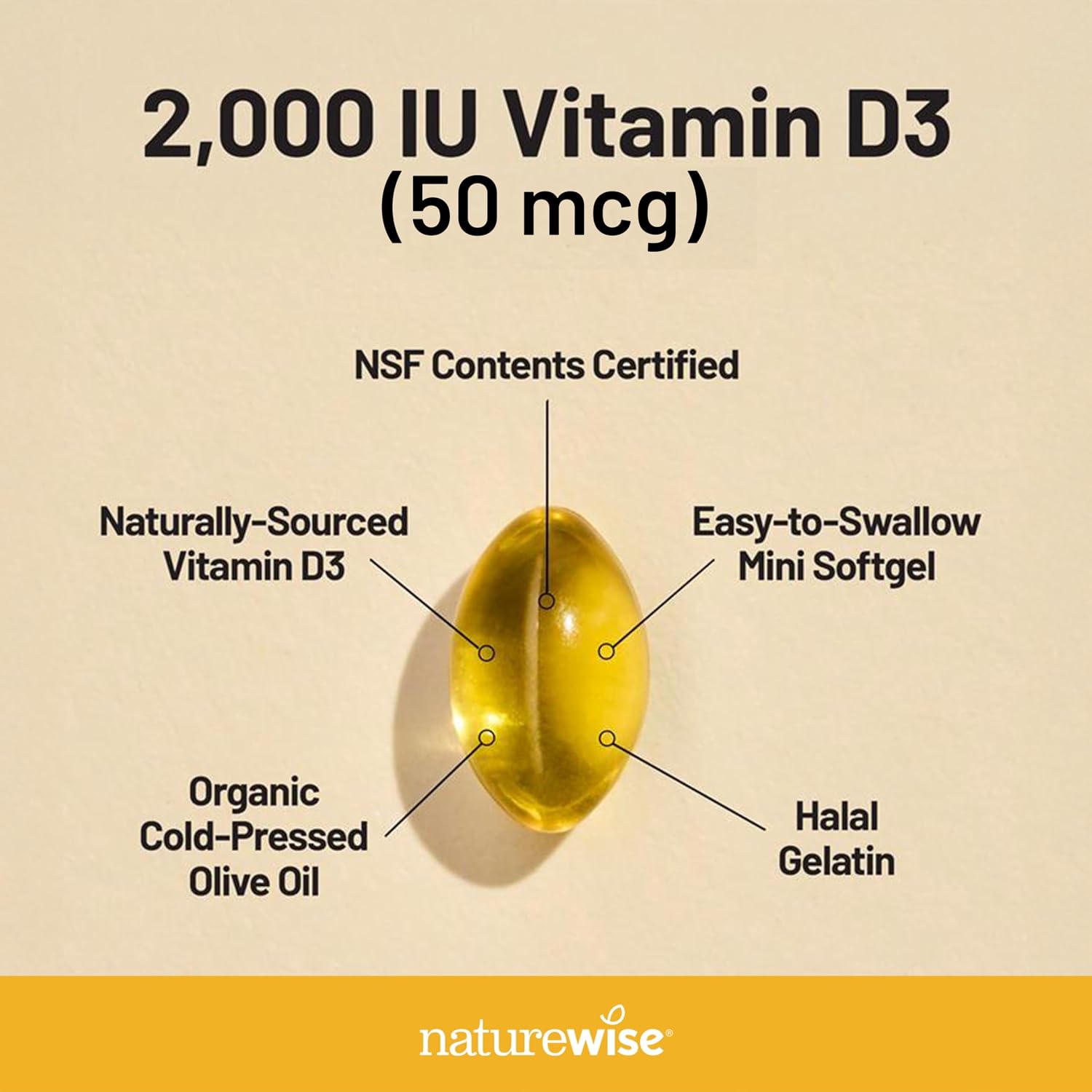 NatureWise Vitamina D3 2000 IU (50 mcg) - 200 Cápsulas Blandas - Apoyo Inmunológico, Función Muscular y Salud Ósea