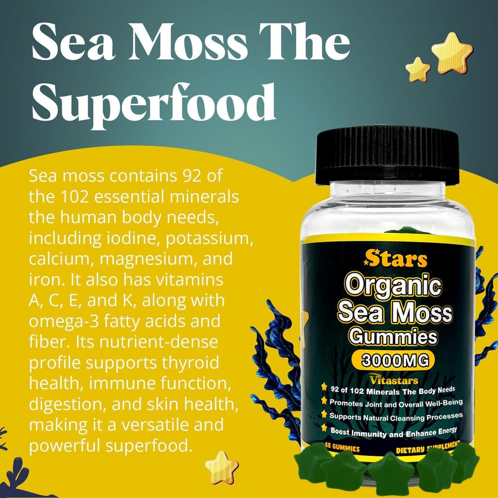 Vitastars Gominolas Orgánicas de Sea Moss con Vinagre de Manzana, Bardana y Fucus | 3000 mg, 60 Gominolas