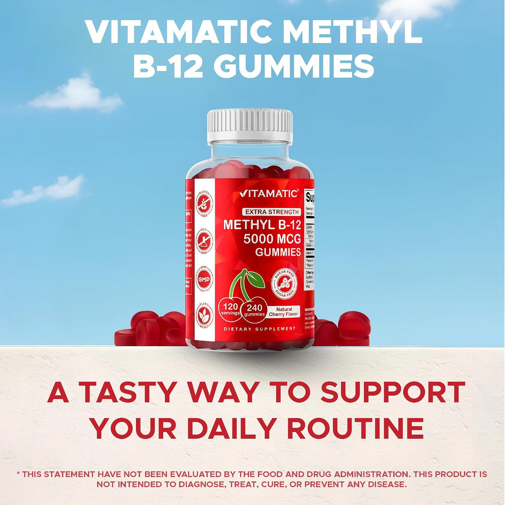 Vitamatic Vitamina B12 5000 mcg (Metilcobalamina) Gominolas - 240 Unidades, Sabor Cereza Natural