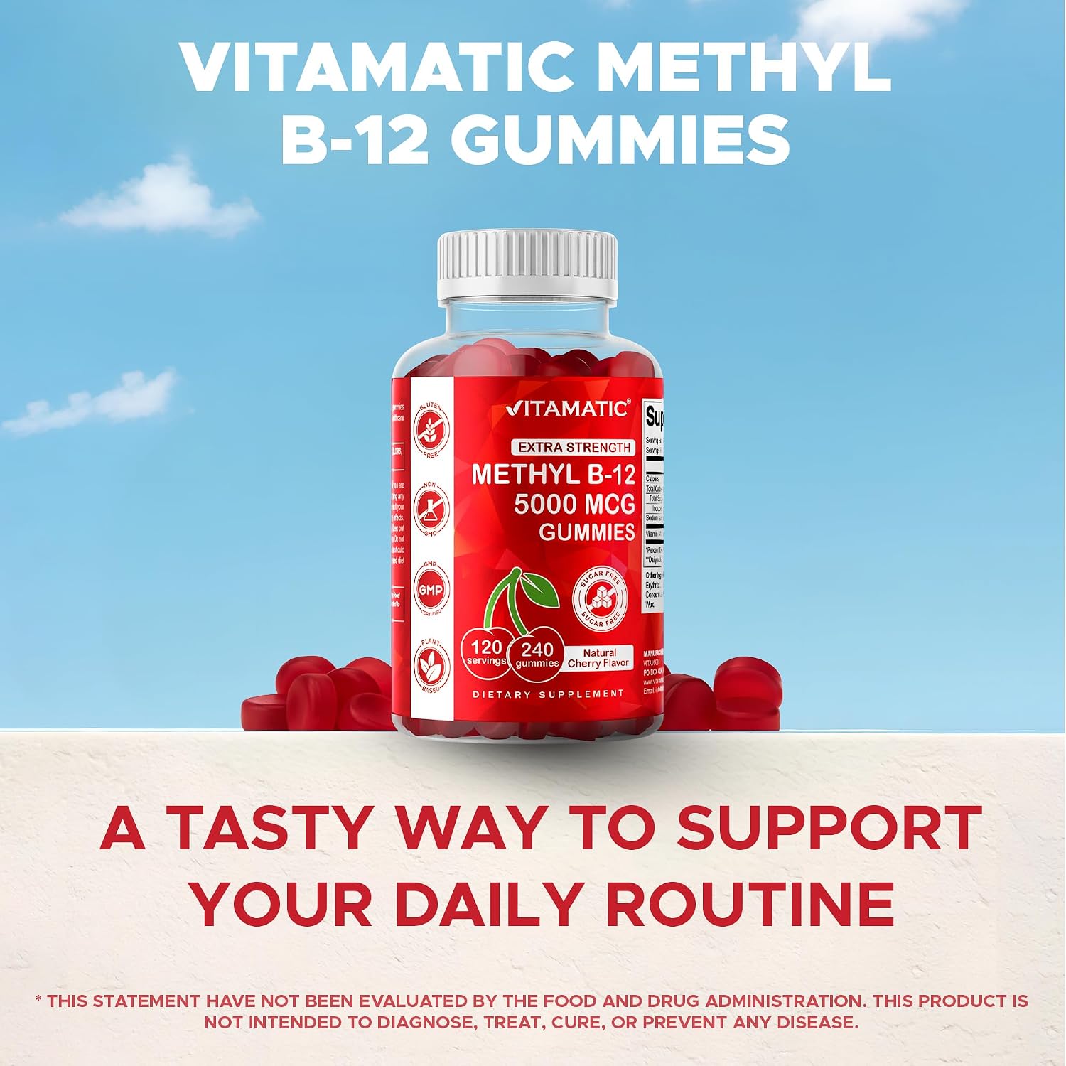 Vitamatic Vitamina B12 5000 mcg (Metilcobalamina) Gominolas - 240 Unidades, Sabor Cereza Natural