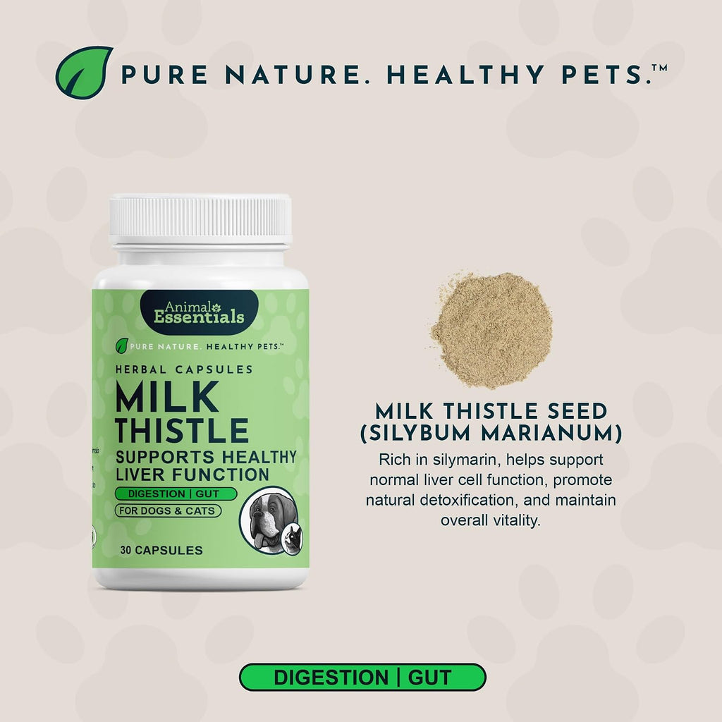 Animal Essentials Milk Thistle for Dogs and Cats - Liver Support, 150mg, Silymarin, Organic Herbal Capsules - 30 Count