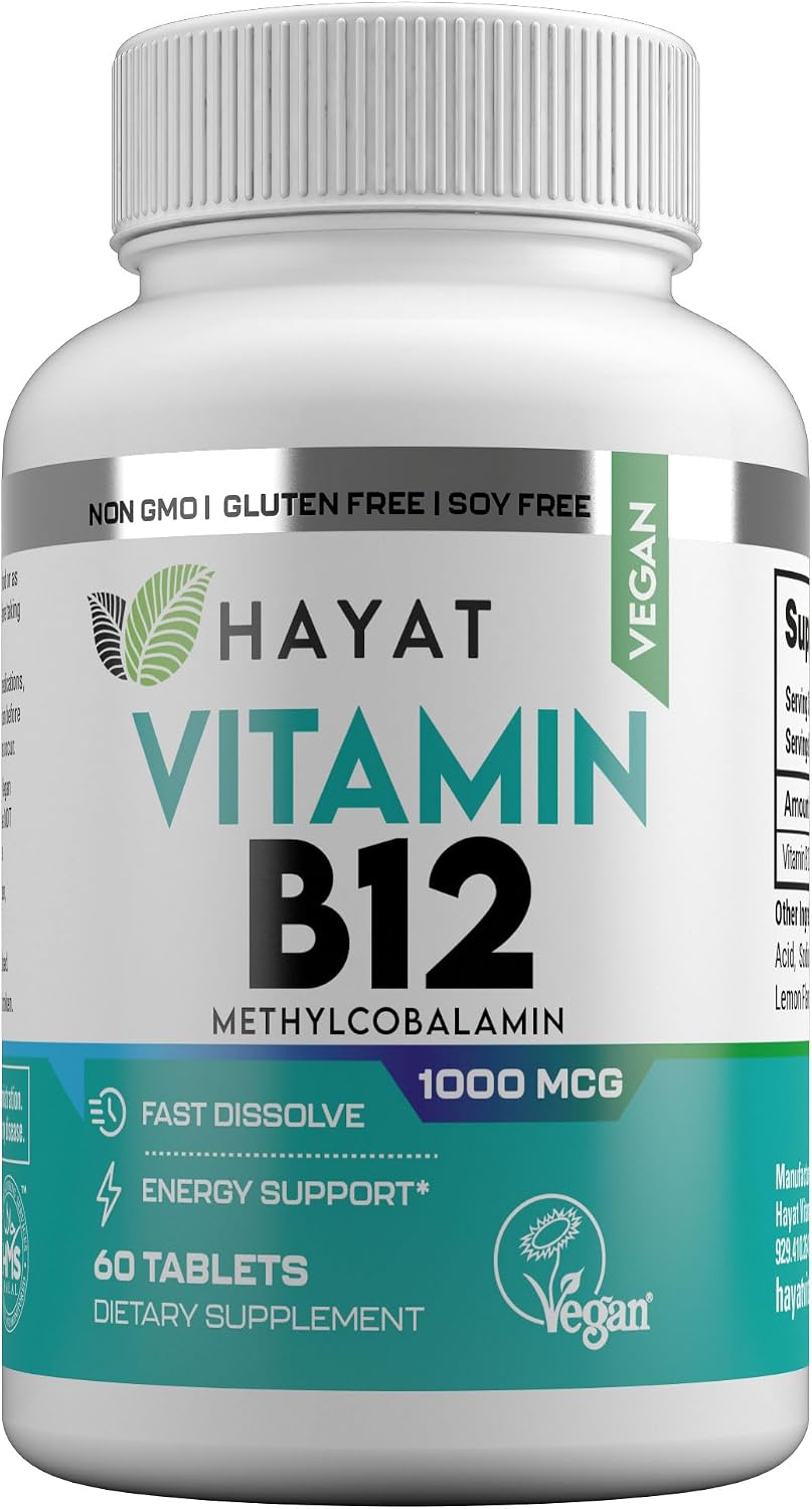 HAYAT Vitamina B12 1000 mcg – Suplemento Vegano para el Metabolismo Energético (60 Comprimidos)