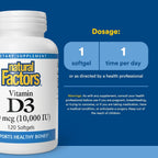 Natural Factors Vitamina D3 10.000 UI - 120 Cápsulas Blandas