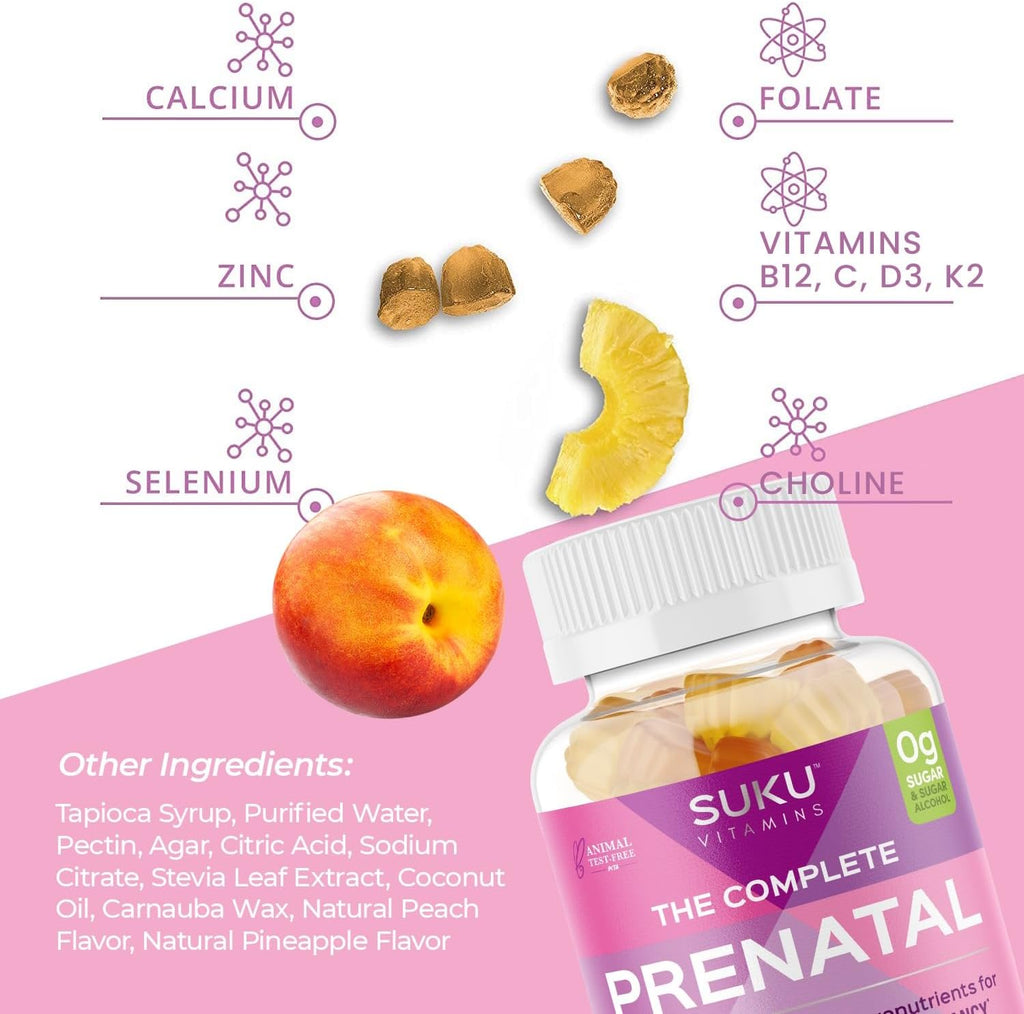 SUKU Gominolas Multivitamínicas Prenatales – Folato, Calcio, Vitamina D3, B12, K2 – Sin Azúcar – 60 Unidades