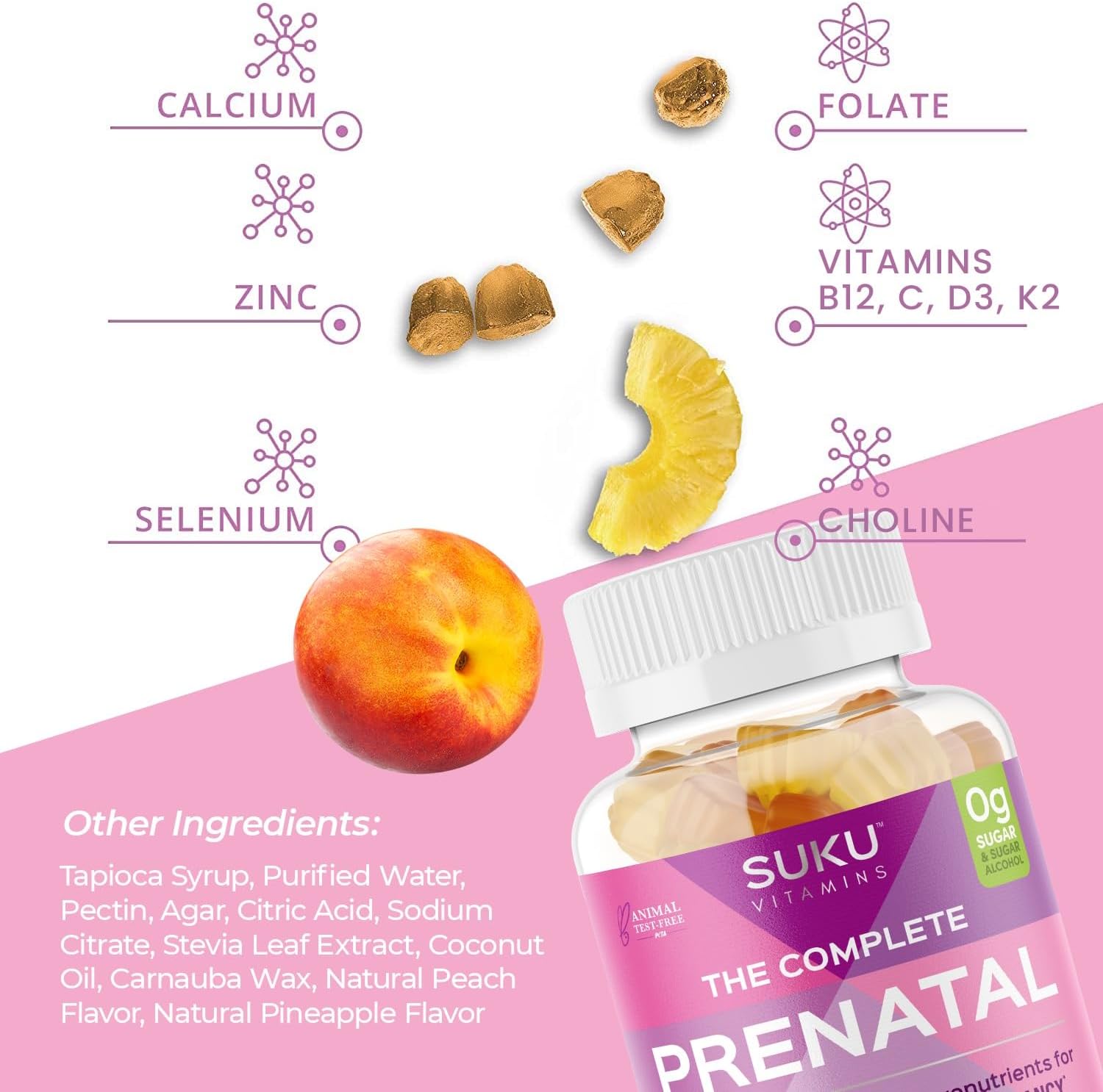 SUKU Gominolas Multivitamínicas Prenatales – Folato, Calcio, Vitamina D3, B12, K2 – Sin Azúcar – 60 Unidades