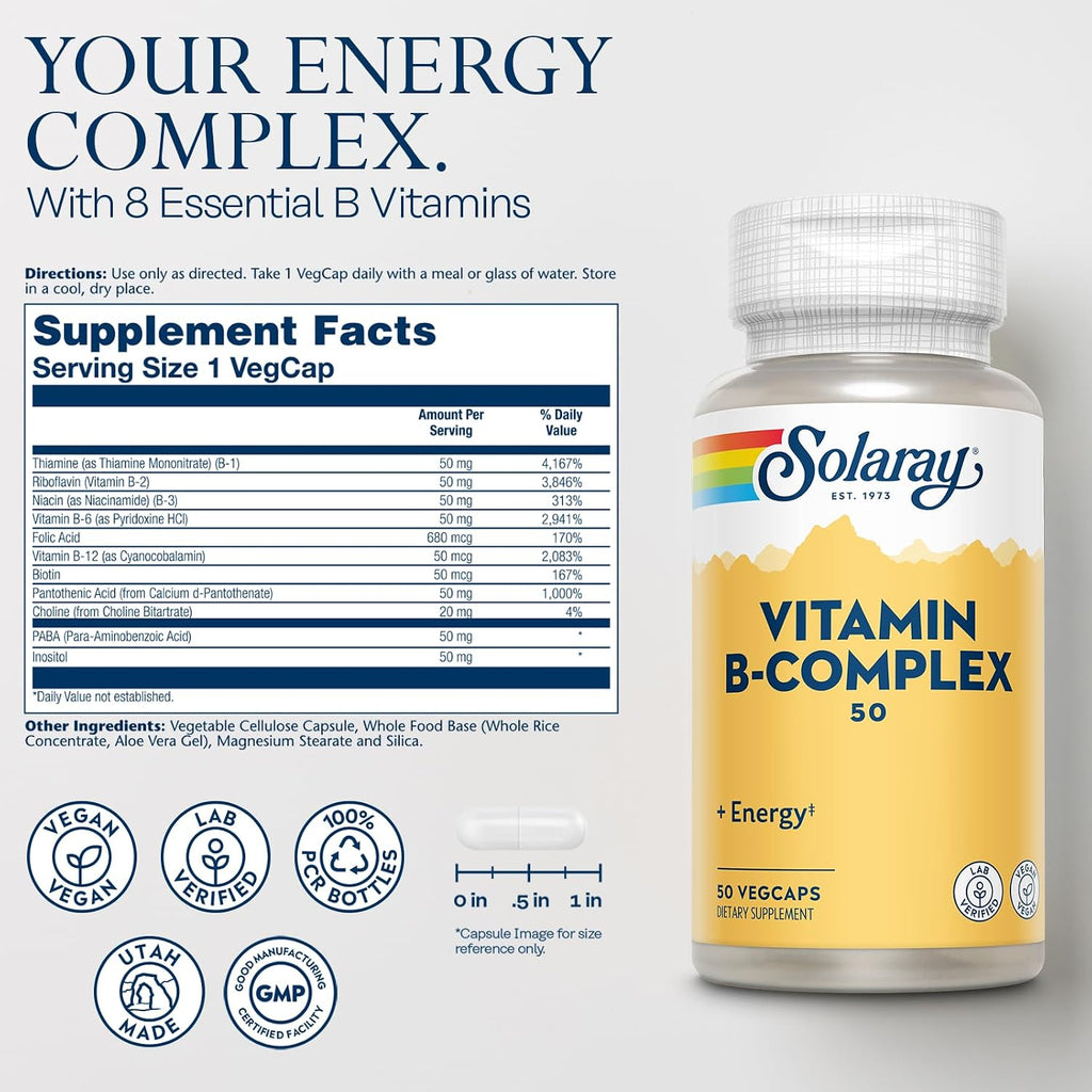 Solaray B-Complex 50 mg - Cellular Energy and Metabolism Support, Vegan, 50 Capsules