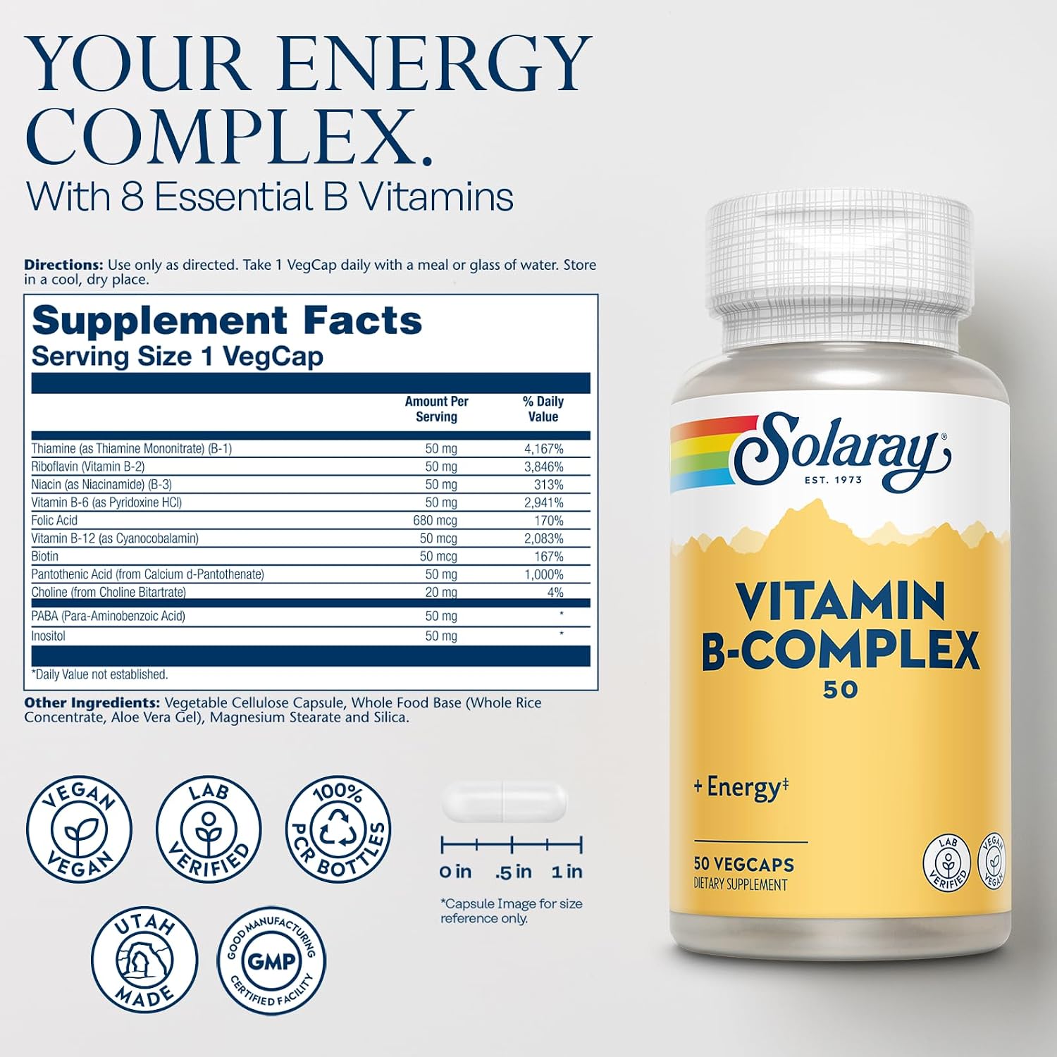 Solaray B-Complex 50 mg - Cellular Energy and Metabolism Support, Vegan, 50 Capsules