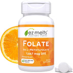 EZ Melts Folato Disolvable 1,667 mcg DFE - Complemento de Folato Metilado - Salud Cardíaca y Desarrollo Fetal Saludable - No GMO, Vegano y Sin Lácteos - Sabor Naranja - 60 Comprimidos Disolubles