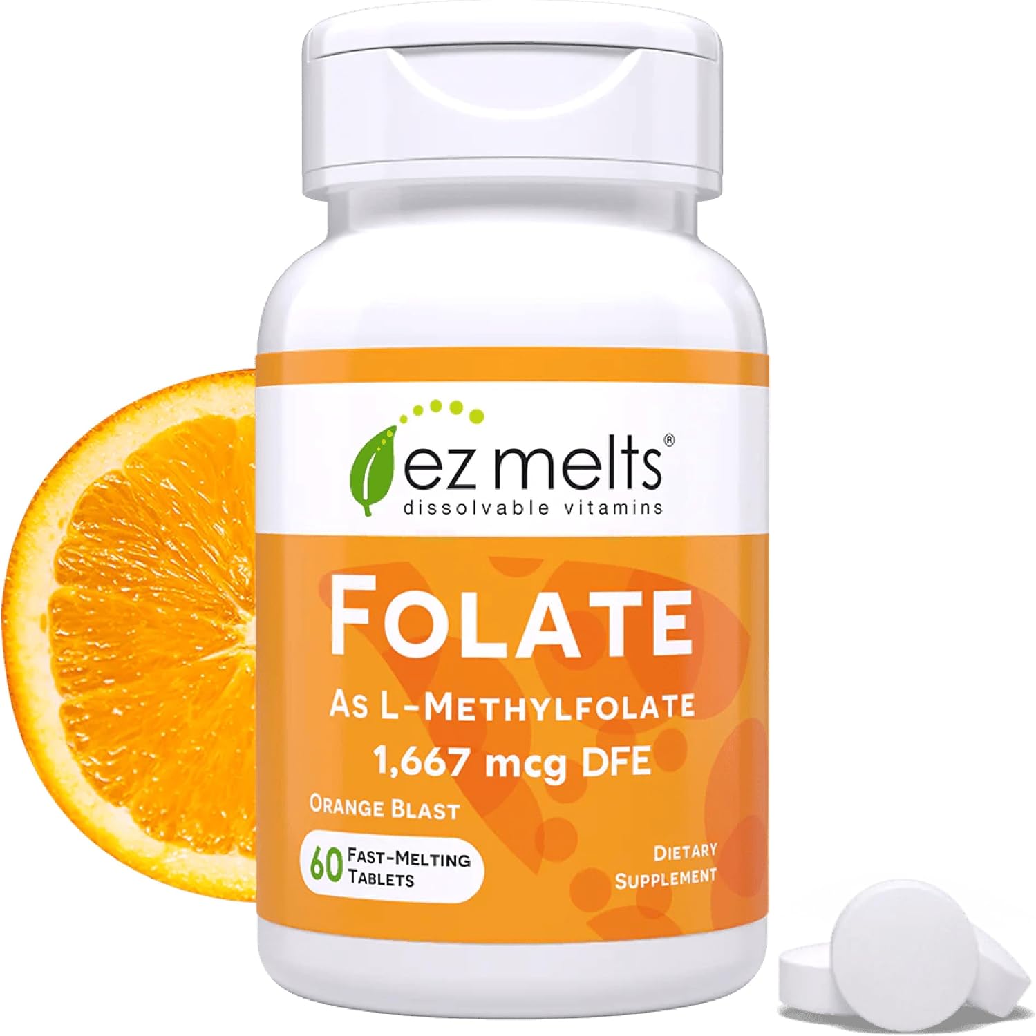 EZ Melts Folato Disolvable 1,667 mcg DFE - Complemento de Folato Metilado - Salud Cardíaca y Desarrollo Fetal Saludable - No GMO, Vegano y Sin Lácteos - Sabor Naranja - 60 Comprimidos Disolubles