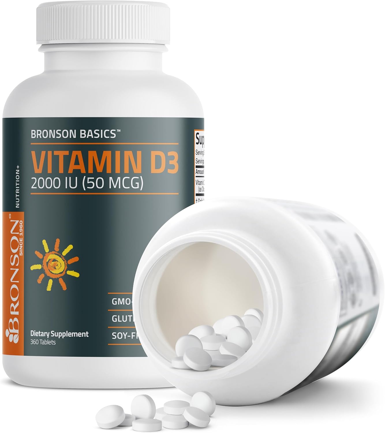 Vitamina D3 2000 IU (50mcg) de Bronson, 360 Comprimidos - No-GMO, Sin Gluten