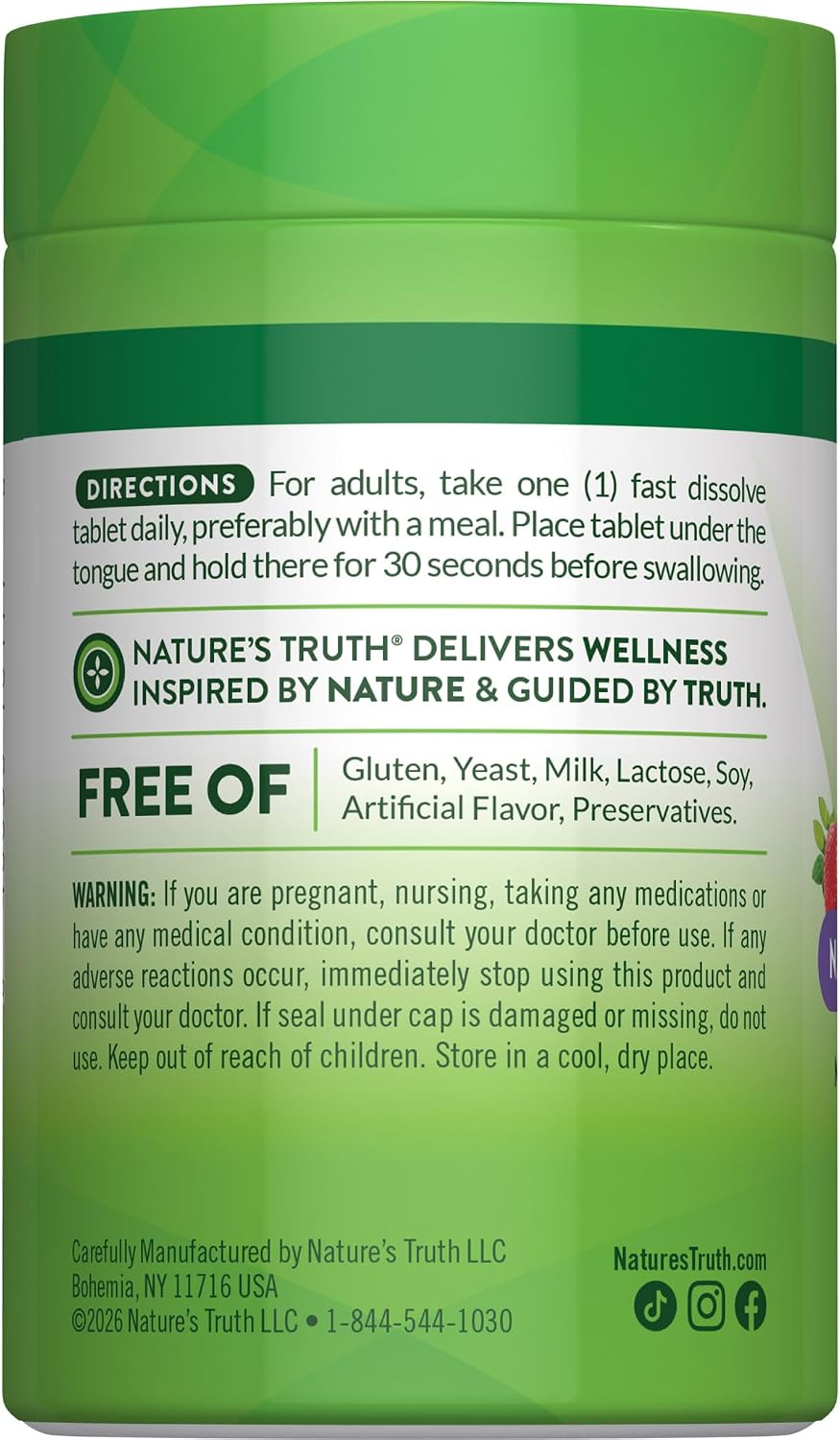 Nature's Truth Vitamina B12 2500 mcg con Ácido Fólico - 60 Comprimidos de Disolución Rápida