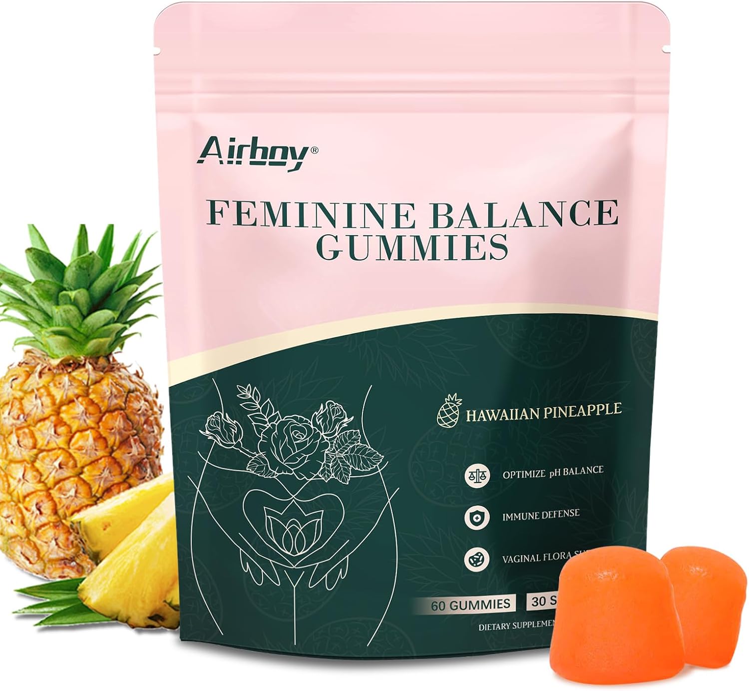 Airboy Gominolas Probióticas Vaginales para Mujeres, Sabor Piña – 60 Gominolas