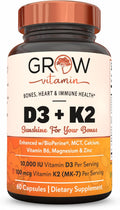 grow vitamin D3 K2 con MCT Oil - 10.000 UI D3, 100 mcg K2 MK-7, Calcio, Zinc, BioPerine, Magnesio - 60 Cápsulas
