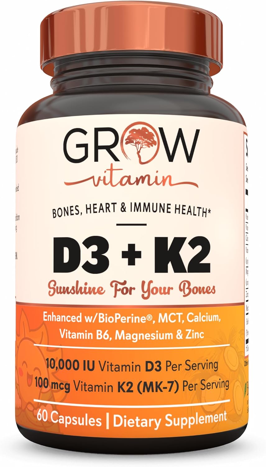 grow vitamin D3 K2 con MCT Oil - 10.000 UI D3, 100 mcg K2 MK-7, Calcio, Zinc, BioPerine, Magnesio - 60 Cápsulas