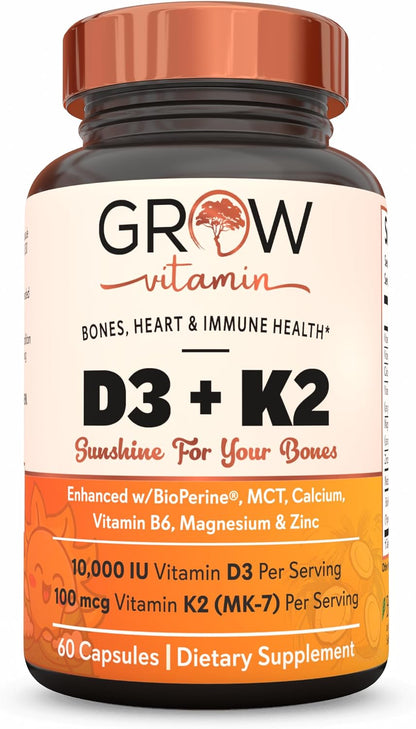 grow vitamin D3 K2 con MCT Oil - 10.000 UI D3, 100 mcg K2 MK-7, Calcio, Zinc, BioPerine, Magnesio - 60 Cápsulas – Image 1