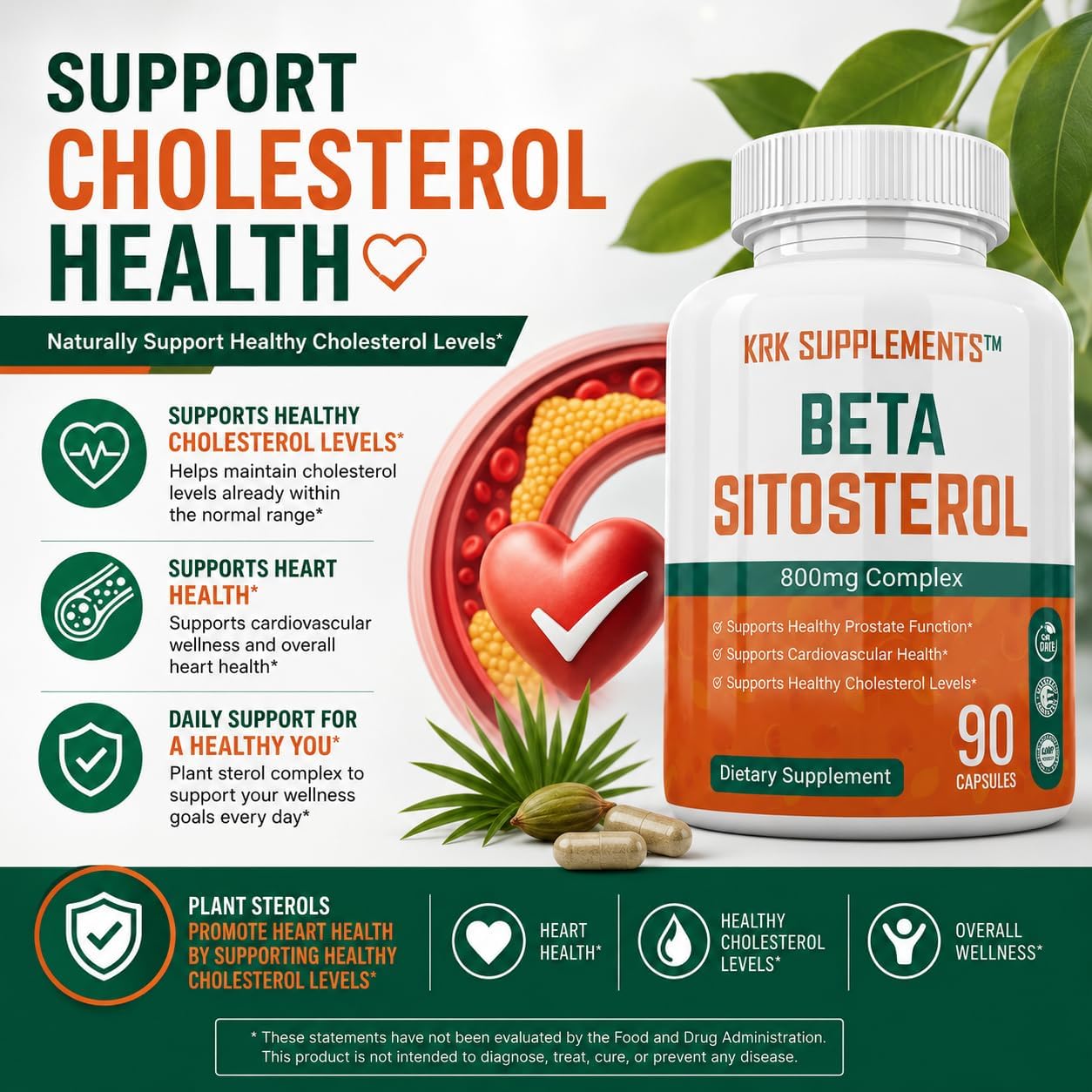 KRK SUPPLEMENTS Beta Sitosterol 800mg per serving, 180 Capsules (2 Bottles)