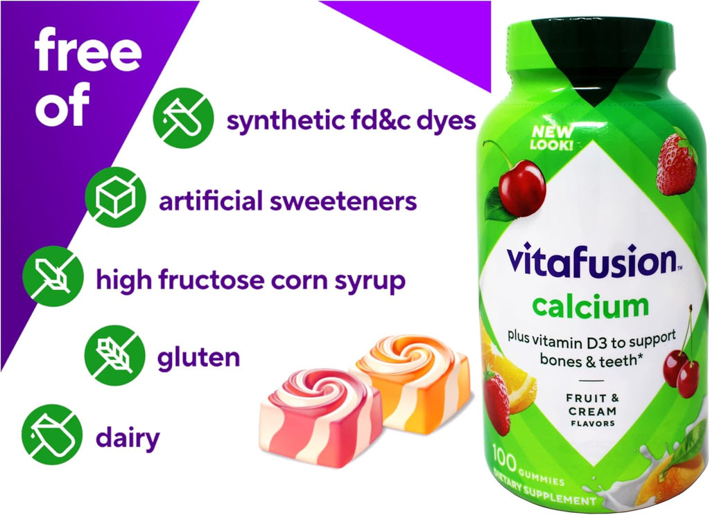 Vitafusion Gomitas de Calcio con Vitamina D3, 100 Gomitas (Paquete de 2)