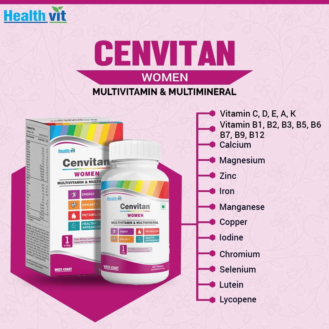 Dharma Healthvit Cenvitan Multivitamínico y Multimineral para Mujeres con 26 Nutrientes – 60 Comprimidos