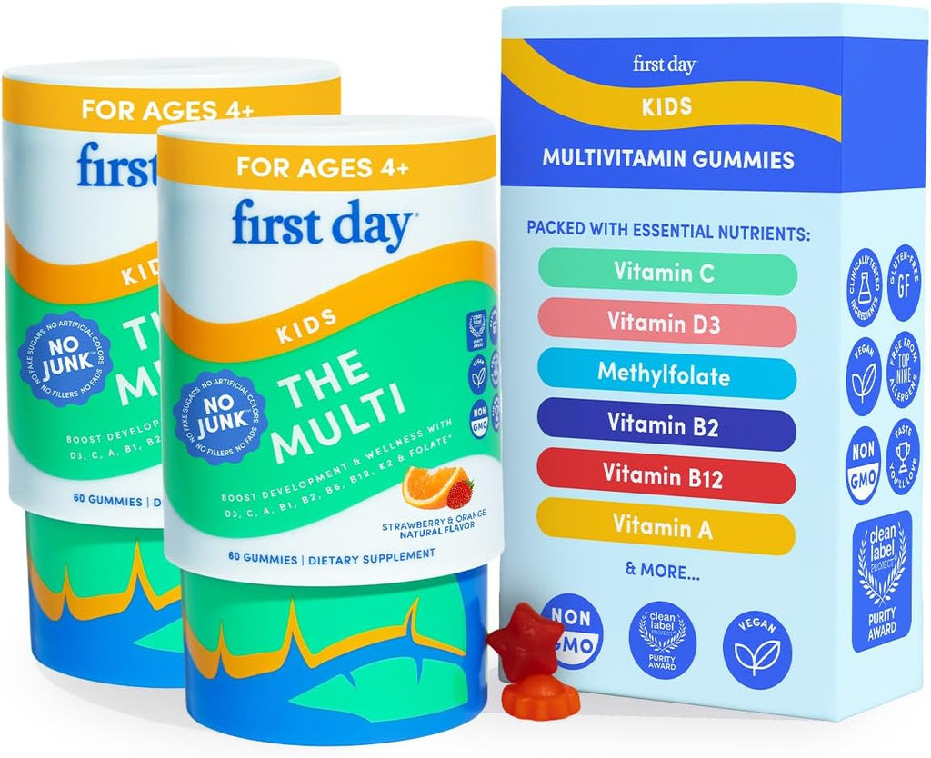 FIRST DAY Kids Multivitamin Gummies - Gominolas multivitamínicas infantiles, fresa y naranja, 60 días