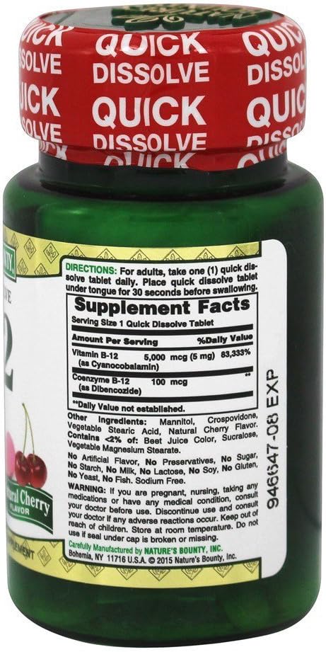 Nature's Bounty Vitamina B12 5000 mcg Comprimidos de Disolución Rápida, Sabor Cereza Natural, 40 Comprimidos (Paquete de 2)