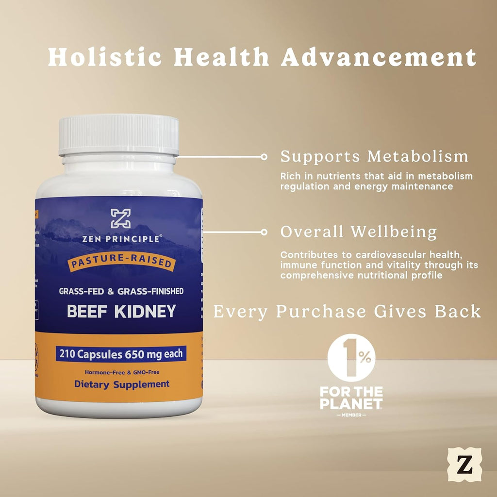 Zen Principle – Suplemento de Riñón de Ternera Grass-Fed (210 Cápsulas, 3000 mg)