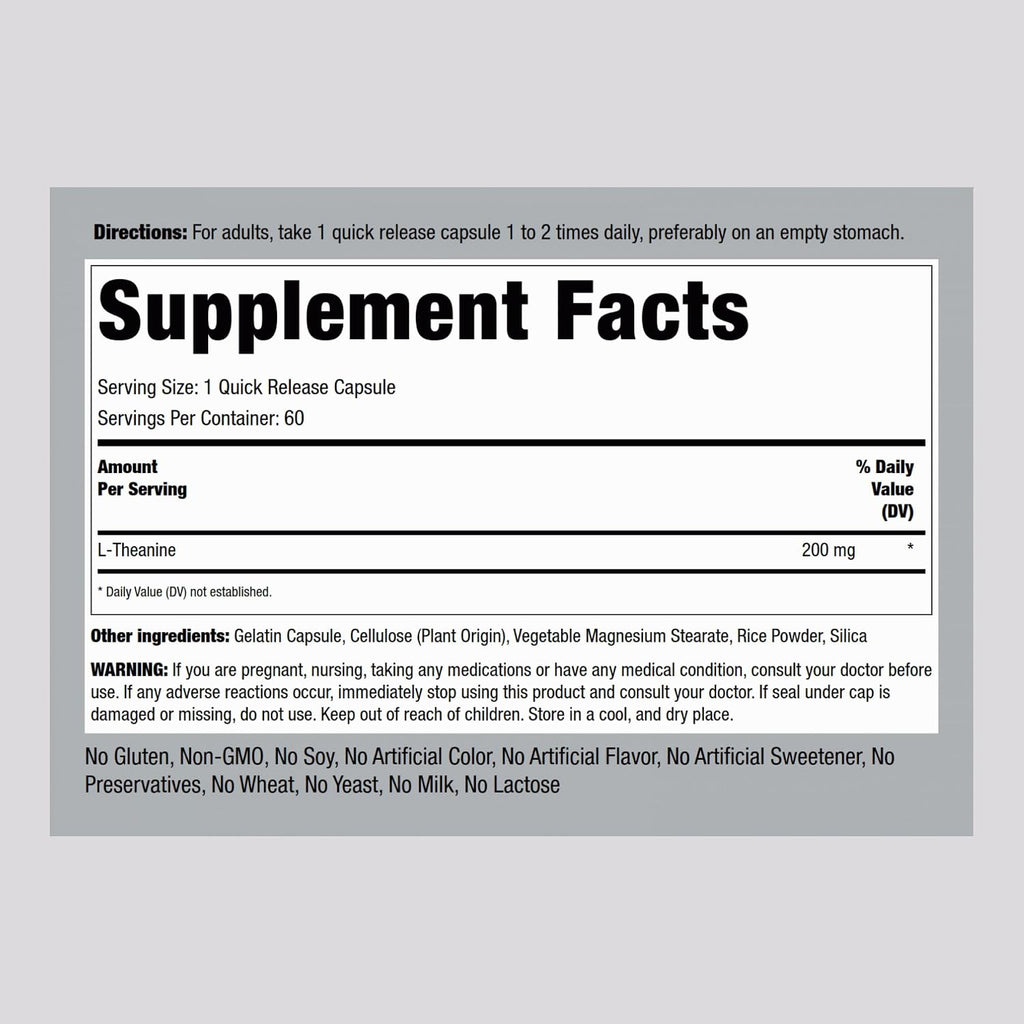 Piping Rock L-Theanine 200mg, 60 Capsules, Double Strength, Non-GMO, Gluten Free