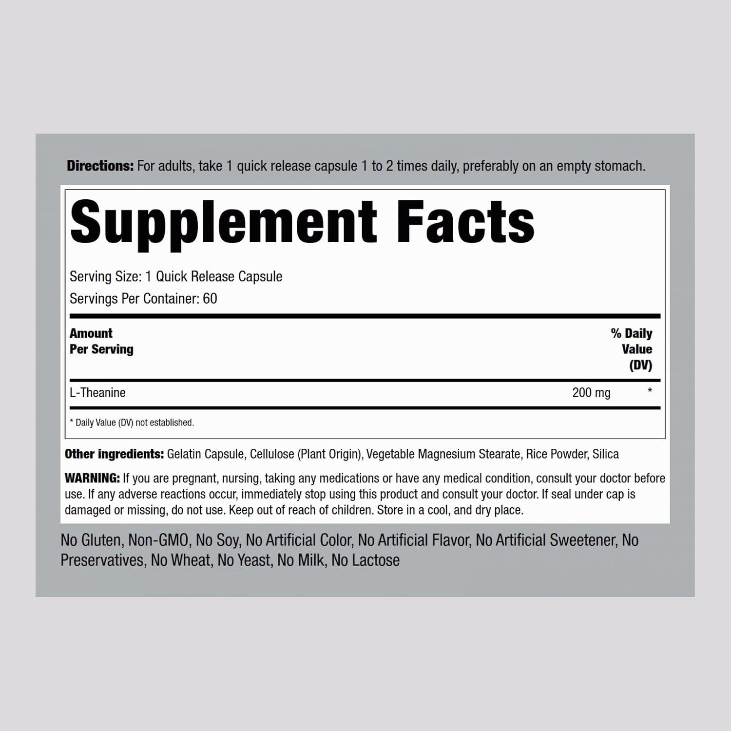 Piping Rock L-Theanine 200mg, 60 Capsules, Double Strength, Non-GMO, Gluten Free