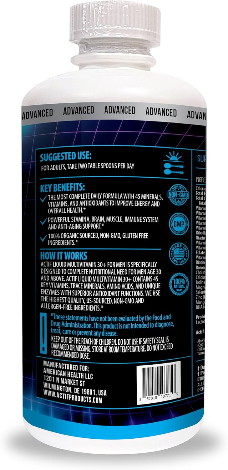 ACTIF Multivitamínico Líquido Diario para Hombres 30+ con 40 Factores Avanzados – No GMO, Hecho en EE.UU., 946 ml