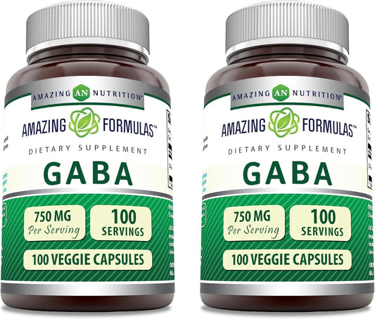 Amazing Formulas GABA 750mg Cápsulas Vegetales - 2 Envases de 100 Cápsulas
