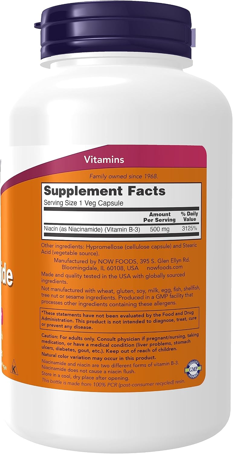 NOW Foods, Niacinamida (Vitamina B-3) 500 mg, Producción de Energía*, 250 Cápsulas Vegetales