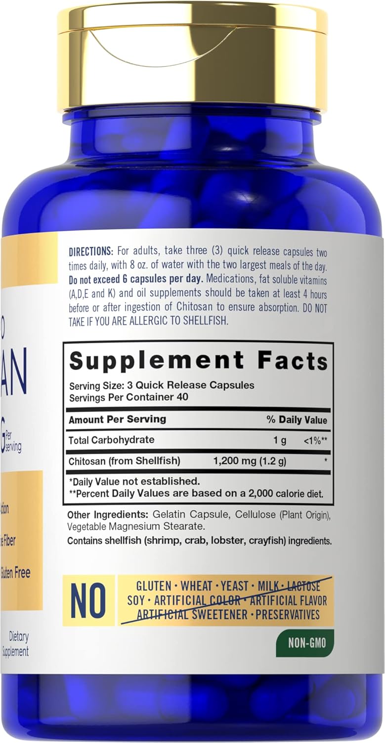 Carlyle Chitosan 1200 mg - 120 Cápsulas de Liberación Rápida - Sin Gluten, No GMO